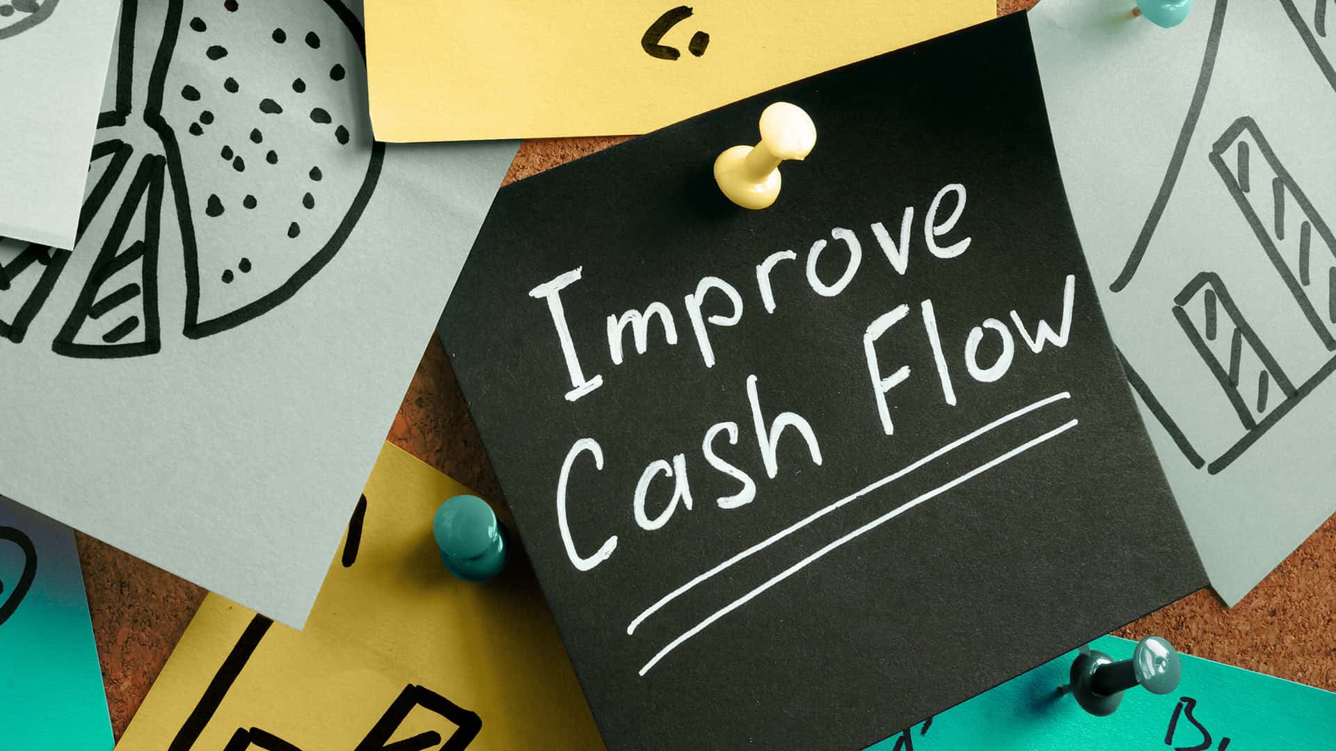Sticky notes on a cork board, stuck with push pins. The center note reads "Improve Cash Flow" while the others around it have various financial-related sketches.
