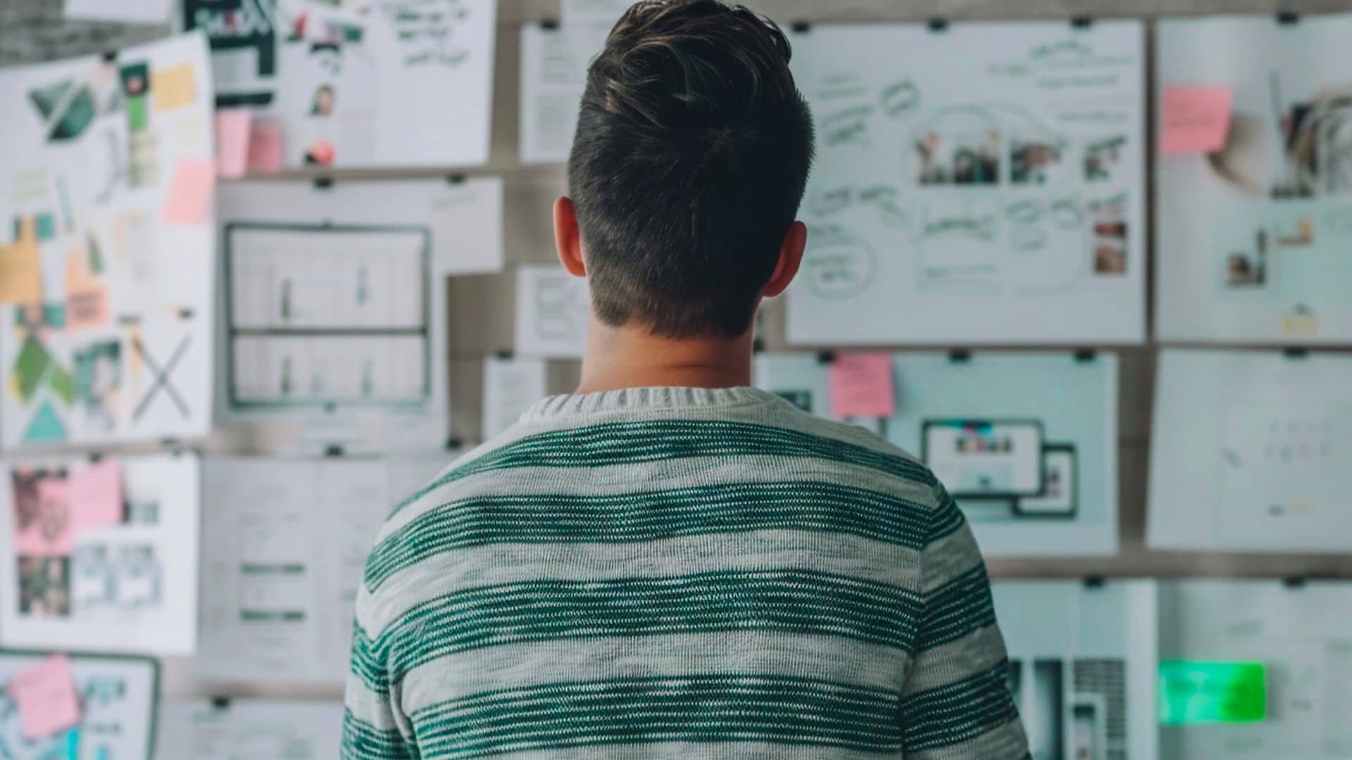 person standing in front of a pinboard, pictured from behind
