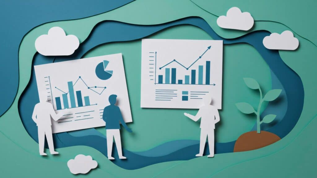 paper cutouts of people and financial charts